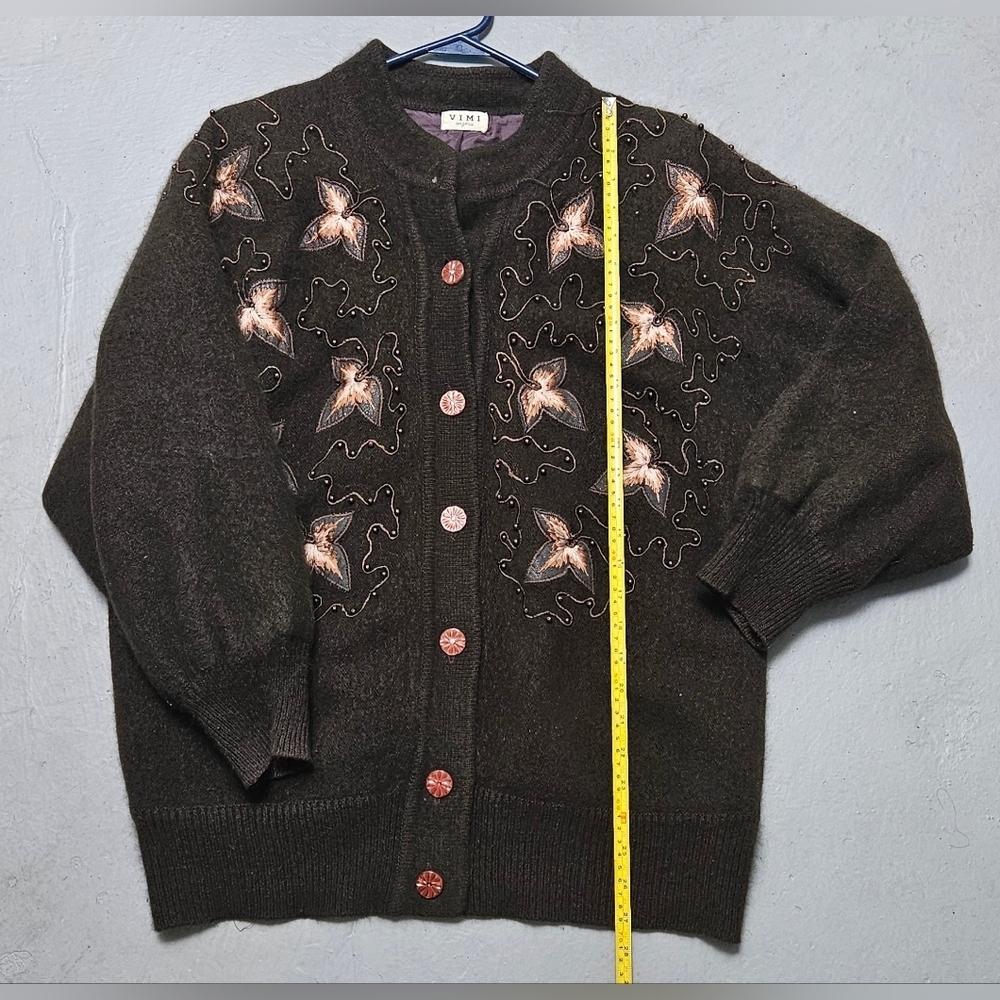 Vintage VIMI 100% Angora Wool Embroidered Dark Chocolate Sz L Lined Cardigan - Picture 13 of 15